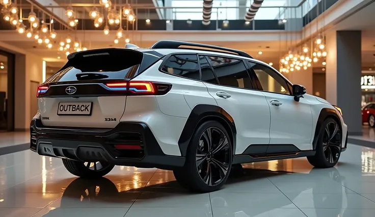 A sleek and futuristic 2026 Subaru Outback SUV in a bright showroom setting. The vehicle is redesigned with bold, angular lines and aerodynamic features. It has a white body with black accents, including a black roof, side mirrors, wheel arches, and lower ...