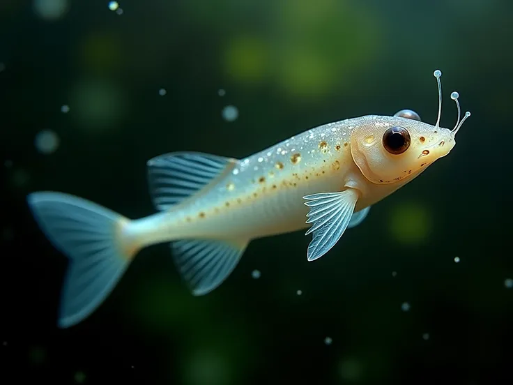 A shoe catfish, also known as candiru, with a thin, transparent body, swimming in murky waters of the Amazon. Its almost invisible features make it difficult to see among the suspended particles and shadows in the water.

