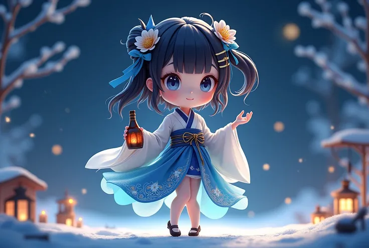 chibi, 3d rendering, full body, slender and graceful girl, wear a traditional Japanese-inspired outfit with a modern twist. Her dress combines elements of a kimono and flowing ribbons, with a translucent hem that mimics the glow of sake under light. color ...