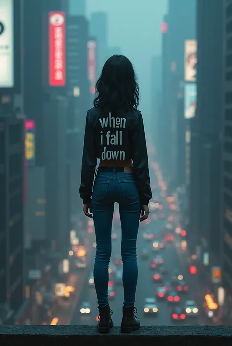 A mystery girl stands on a ledge in the city looking to the side wearing tight jeans and a short jacket written on it "when i fall down"