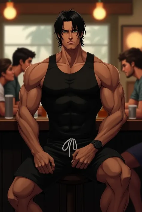 A tall Caucasian male tabby body ,   straight black hair green eyes look confident and serious wearing black tank top shorts black surfer shorts sitting at the bar with friends 