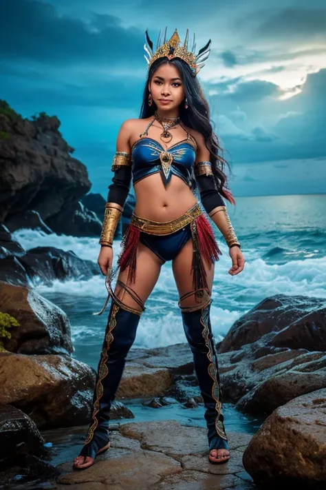 A lovely, young  beautiful, attractive & charming cyberpunk girl, 18yr old, wearing  native Philippines facial  features in goddess costume, (using a bow & arrow aiming pose or holding kampilan blades), casting a torching bolt from hands, super photographi...