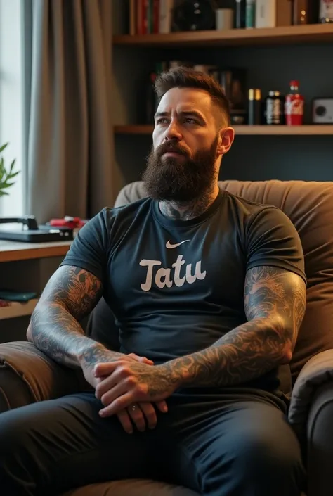 Tattooed boy , gordo,   Wolverine beard style ,  Tidy room ,  t-shirt with the word Tatu written, Nike ,  Coca-Cola zero , Streaming and hater on the right arm dragon tattoo ,  on the left forearm tattooed the word hit first and some boxing gloves and a bl...