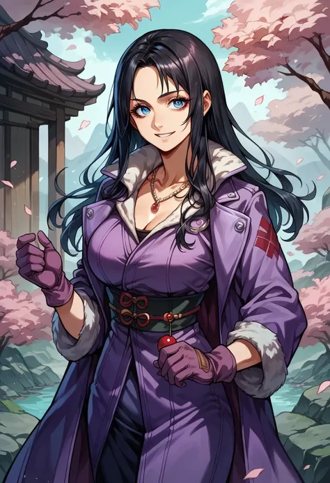 score_9, score_8_up, score_7_up, BREAK, score_9, 1girl, smile, Koyuki Kazahana, black hair, long hair, blue eyes, Koyuki purple coat outfit, coat, gloves, necklace, jewelry, cowboy shot, large breasts, cherry blossom