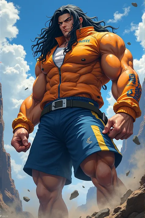  A large and physically strong Hunter x Hunter character, with long wavy black hair and sportswear , with vivid colors 