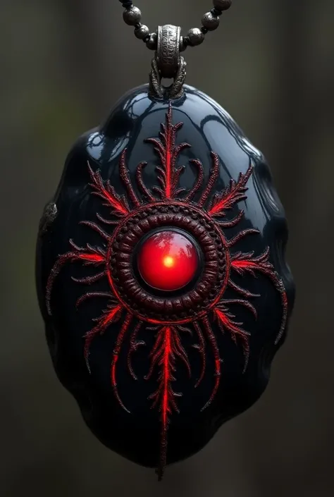 form:  The amulet has an oval shape with irregular edges and appears to be carved in dark onyx ,  with a shiny and soft finish . At its center,  there is a red eye ,  carefully detailed to appear to observe from all angles .
Decoration: Around the eye,  ha...