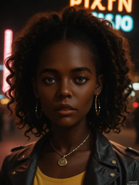 Face close up, african girl, watching viewer, jacket, necklace, neon light reflections on skin, ear ring, makeup, skin imperfection, long curly hair, big butt, yellow gas surrounding lower body, yellow gas from farting butt, big farts, neon lights backgrou...