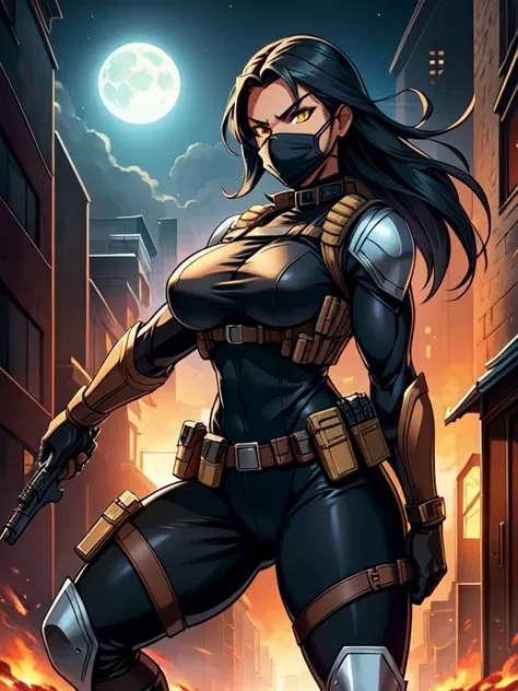 Shes a vigilante, full body, hq artwork, 27-year-old Navajo Woman with tan-bronze skin, yellow eyes, black hair, neck-length hair, athletic physique, and strong muscles. (Wearing: Black metallic combat muzzle covering her mouth, tight gray bodysuit, bullet...