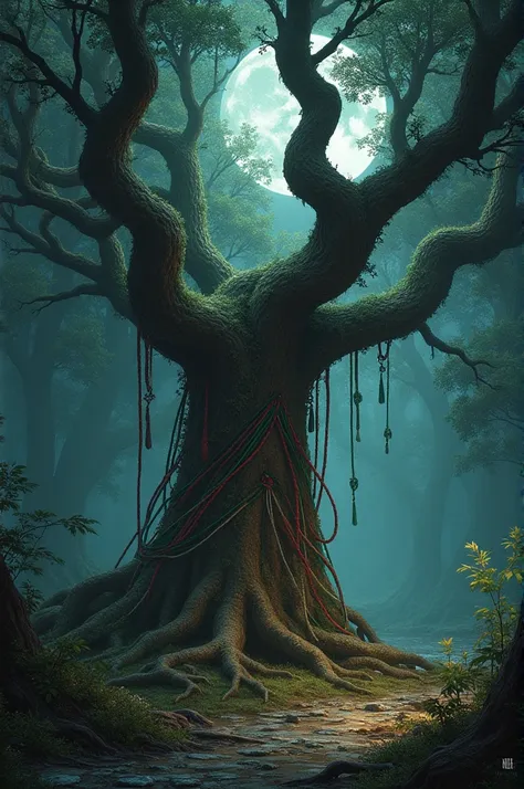 Deep dark forest, big tree with red green and white rope around the tree in the middle of picture, night