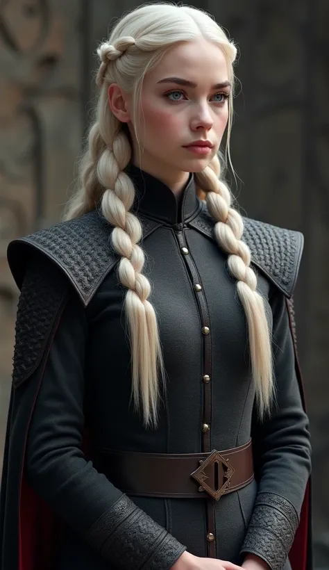  CREATES A REALISTIC 4K IMAGE OF Daenerys Targaryen FROM GAME OF THRONES Pale skin ,  Violet eyes,  Long gold-silver hair .  BRAIDS ON THE SIDES The clothing is made of dense and luxurious materials such as wool and velvet ,  that provide both protection a...