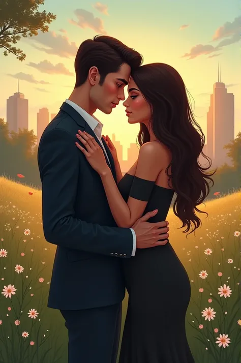  Make a girl and a boy in a romantic environment , very close to each other .  That the girl is a half-brown girl ,  long chocolate brown hair , big juicy lips,  big eyes and abundant eyelashes as well as eyebrows ,  who has a body like that of Kylie Jenne...