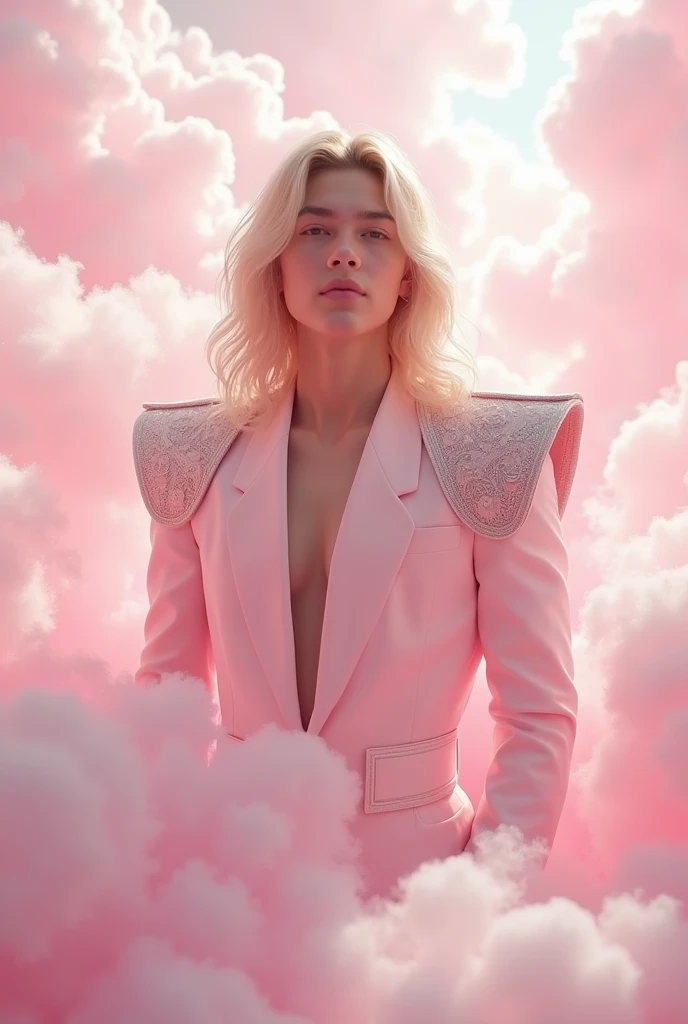  artwork, realistic, realism,  best quality ,  Beautiful young American male adolescent with fair skin fair-skinned male with long blond hair . She is wearing a light pink long-sleeved shirt with shoulder pads and intricate silver details . Its inside a gi...