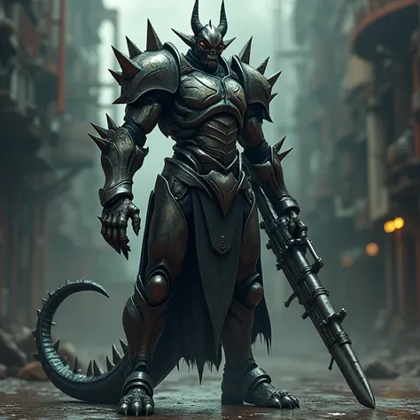 a demonic armor, thin metal body, metallic spikes, punk style, no face, metal penis, penis gun, cock gun, metal claws, black arms, black legs, black cables, metal tail, dark color palette, dystopian, dramatic shadows, mechanical design, 3D