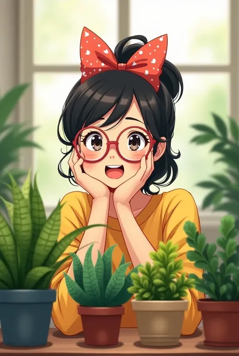  Anime of a 40-year-old girl with glasses and a bow, Posing your plants 