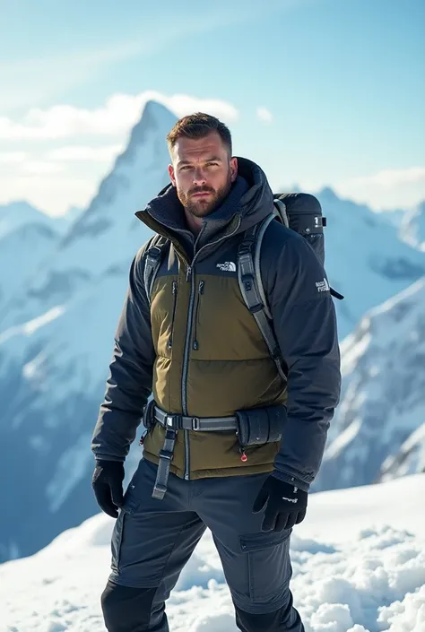 A handsome 30-year-old  man, wearing The North Face, Standing on weather station, on Jungfrau peak, Switzerland, snow cover everywhere, long shot, photographic, 8k, hyper realistic.