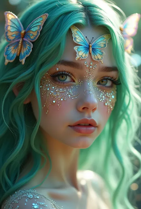 Here’s a detailed prompt that can be used to recreate or adjust this image:


---

"A highly detailed portrait of a   with a dreamlike, mystical appearance, blending innocence with a fantastical aura. The  has long, vibrant green hair, styled carefully to ...