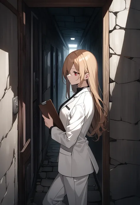 woman with long chestnut blonde hair, red eyes, in an asylum corridor, old stone walls, rusted iron bars on the doors, wearing w...