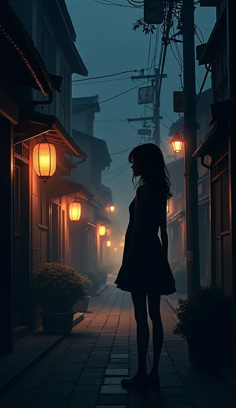 Make silhouette image of a Korean woman peeking on a street in Japan at night.