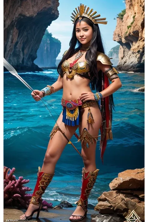 A lovely, young  beautiful, attractive & charming cyberpunk girl, 18yr old, wearing  native Philippines facial  features in goddess costume, (using a bow & arrow aiming pose or holding kampilan blades), casting a torching bolt from hands, super photographi...