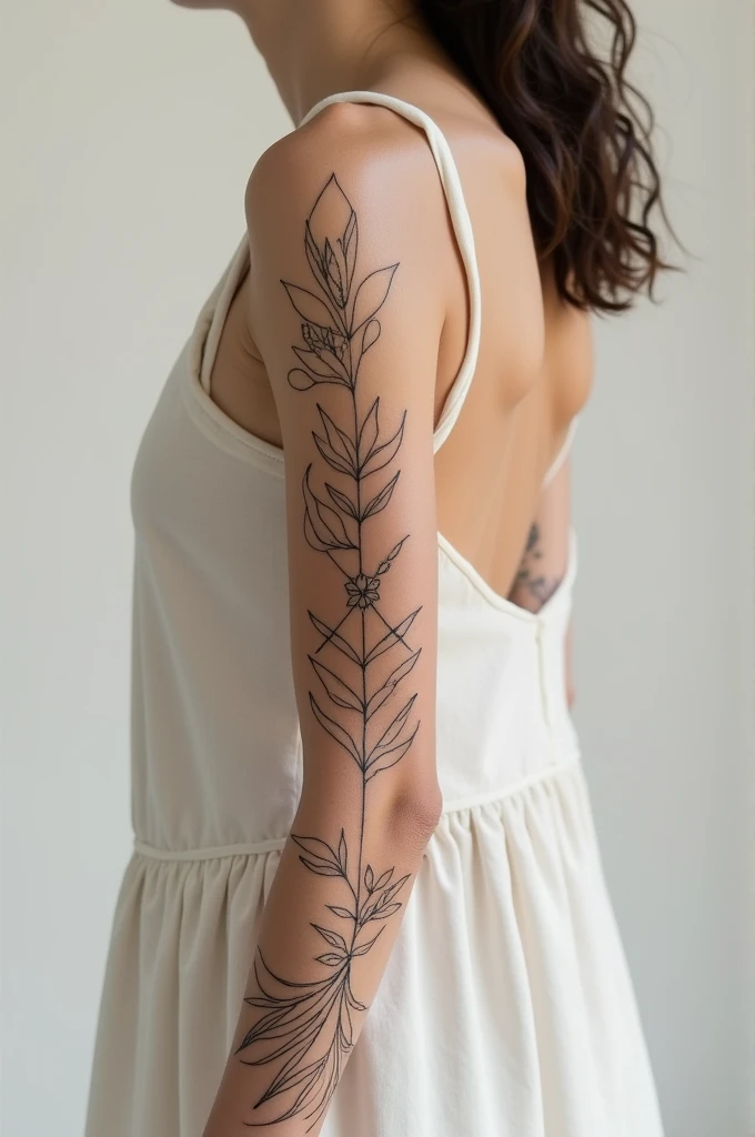 Womans full arm with minimalist fine line tattoo all over her arm