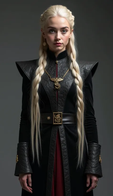  CREATES A REALISTIC 4K IMAGE OF Daenerys Targaryen FROM GAME OF THRONES Pale skin ,  Violet eyes,  Long gold-silver hair .  BRAIDS ON THE SIDES The clothing is made of dense and luxurious materials such as wool and velvet ,  that provide both protection a...