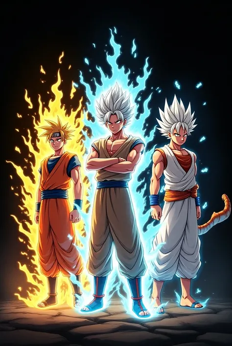  A digital illustration with a black background that shows three iconic anime characters in their final transformations, radiating power and energy . From left to right:  Naruto Uzumaki in his form of the Sage of the Six Paths ,  surrounded by a golden aur...