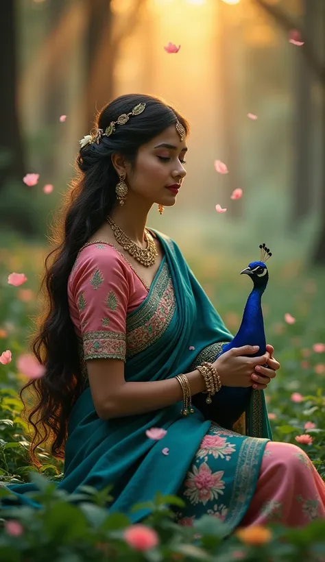 

"Create a serene, ethereal scene set in a mystical forest during twilight, featuring an elegantly dressed woman in traditional Indian attire. She wears intricate jewelry and a vibrant, floral-adorned sari with shades of teal and pink. The woman is seated...