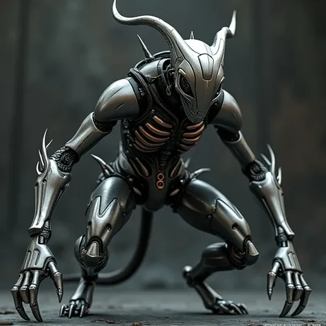 a metalic incubus, thin metal body, metallic spikes, punk style, no face, metallic penis, metal claws, black arms, black legs, black cables, metal tail, dark color palette, dystopian, dramatic shadows, mechanical design, 3D