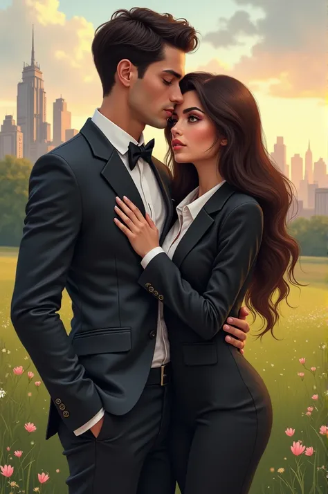  Make a girl and a boy in a romantic environment , very close to each other .  That the girl is a half-brown girl ,  long chocolate brown hair , big juicy lips,  big eyes and abundant eyelashes as well as eyebrows ,  who has a body like that of Kylie Jenne...