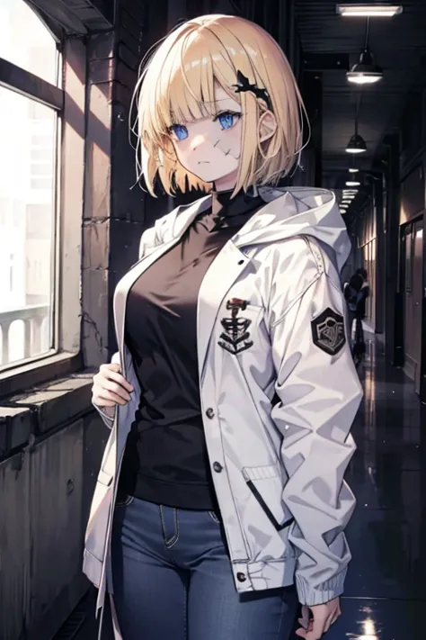 female college student (young adult), stitched face, short hair (left side blond, right side brunette), blue eyes, formal studen...