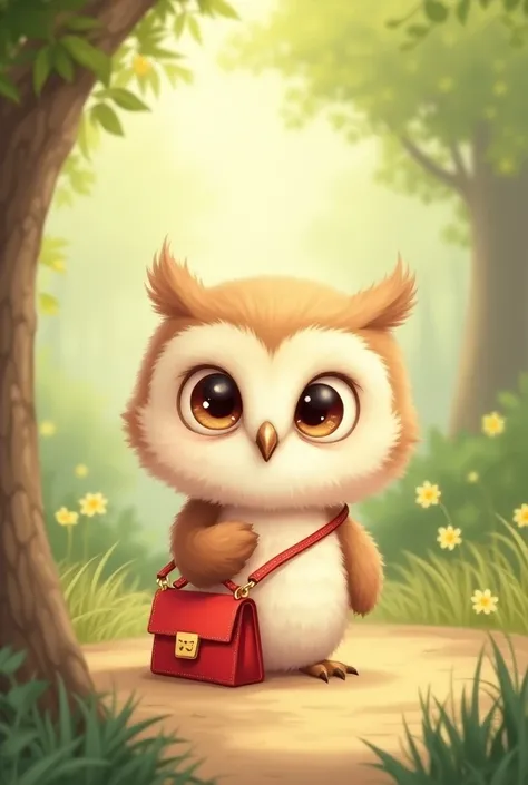 Cute owl carrying a red bag on her shoulder
