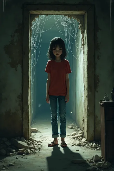 A girl wearing red t-shirt and blue jeans standing inside a basement that look s very old with spider webs all over it