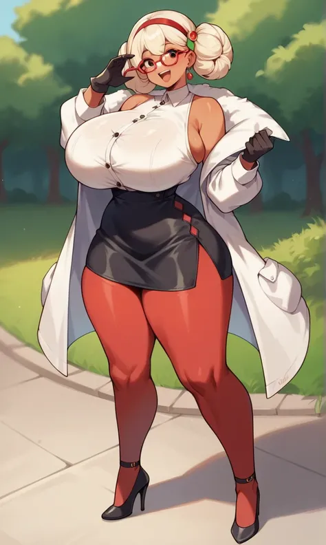 score_9, score_8_up, score_7_up, score_6_up, score_5_up, score_4_up, (source_anime), purah,
1girl,  huge breasts, narrow waist, thick thighs,  hair ornament, red headband, red glasses, sleeveless shirt, white coat, black skirt, red leggings, gloves, high h...