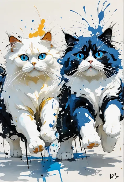  Ink Splash ,  Paint Splashes , 2隻奔跑的波斯貓， 2 running Persian cats by Wu Guanzhong , complex, ( Best Quality, masterpiece, Representative works,  Official Art , major, 【8k) Shuwang Wang Daein , blue eyes, Ray tracing, 