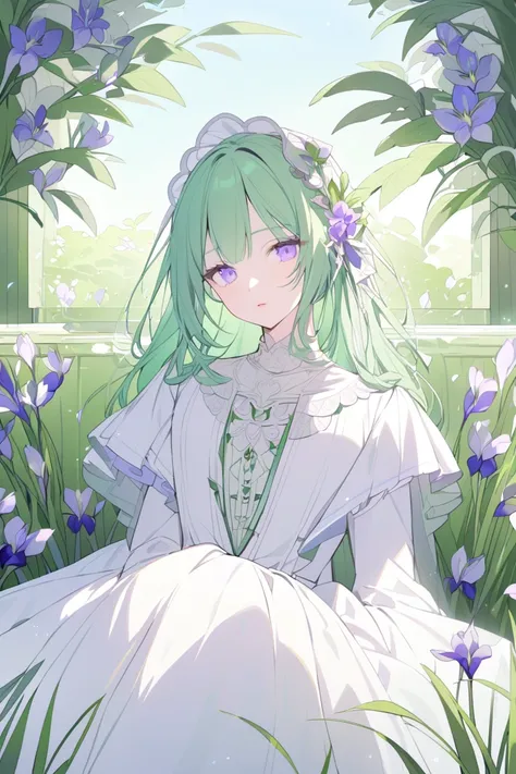 Beautiful eyes, beautiful lips, purple eyes, straight green hair, calm, gentle, serene, noble, goddess, lolita dress, iris flower, french bob hairstye