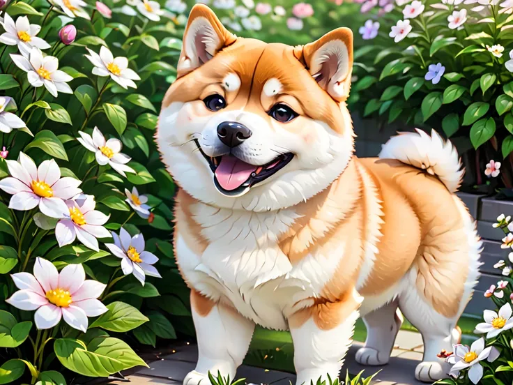 sticker.   Cute dog Akita Inu. Flowers nearby 