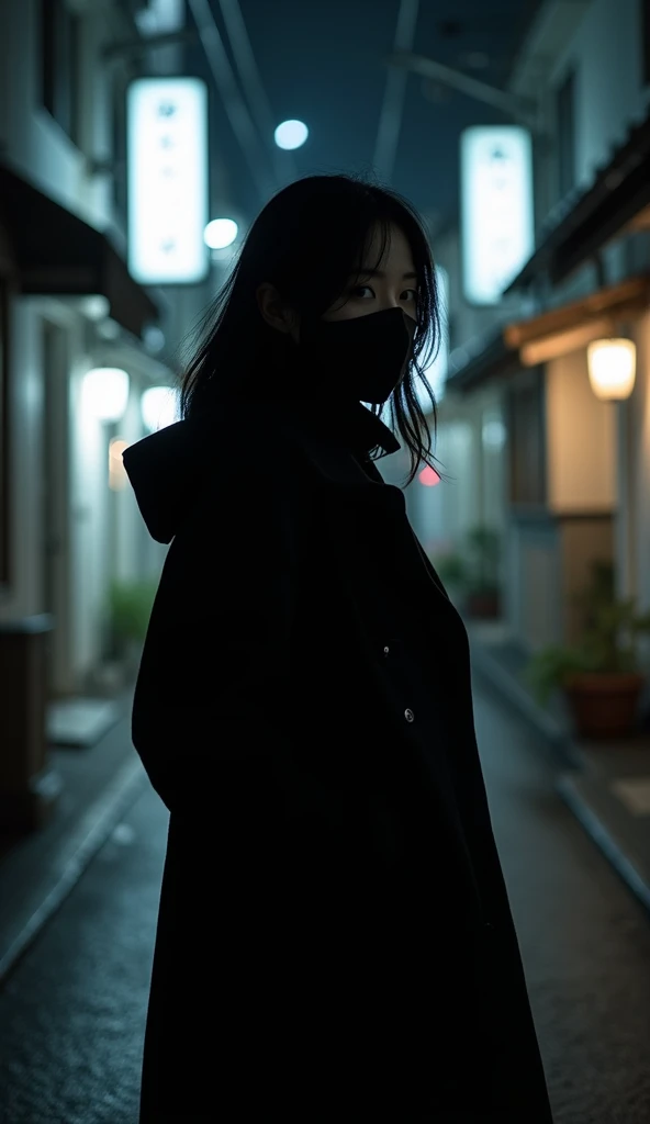 Make silhouette image of a Korean woman peeking on a street in Japan at night. She wears a mask and a black overcoat.