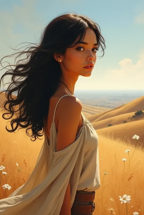 Recreate a painting ,  as if it were oil ,  showing a girl with wavy black hair ,  with brown skin looking back but walking towards the horizon