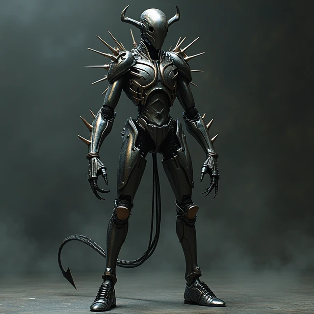 a metalic incubus, thin metal body, metallic spikes, punk style, no face, metallic penis, metal claws, black arms, black legs, black cables, metal tail, dark color palette, dystopian, dramatic shadows, mechanical design, 3D