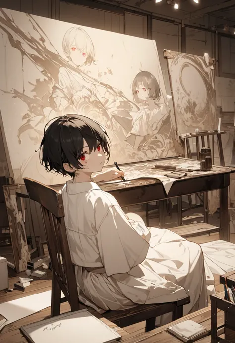 (beautiful and delicate), (Artifact and Sepia Tone illustration), (solo, age 15), (crew cut) (black hair very short hair), ((Tragic face)) (Insidious red eyes boy is Facing and writing the big canvas), (The big canvas depicts a cute girl, black hair red ey...