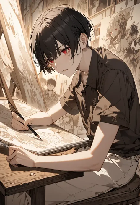 (beautiful and delicate), (Artifact and Sepia Tone illustration), (solo, age 15), (crew cut) (black hair very short hair), ((Tragic face)) (Insidious red eyes boy is Facing and writing the big canvas), (The big canvas depicts a cute girl, black hair red ey...