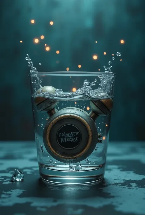  “Close-up of an old intercom device submerged in a glass of water, short-circuiting with small sparks and rising bubbles. The background is cold and sterile, with metallic textures and a blue-gray color palette. The water and device create subtle reflecti...