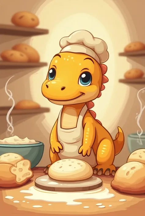 Create me the logo for a bakery where you put a baby dinosaur making bread
