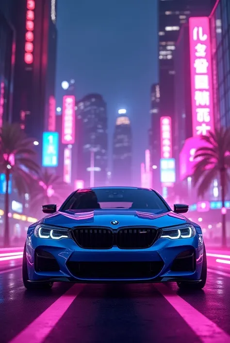 Bmw m5 cs in neon blue and pink and purple light in neon city