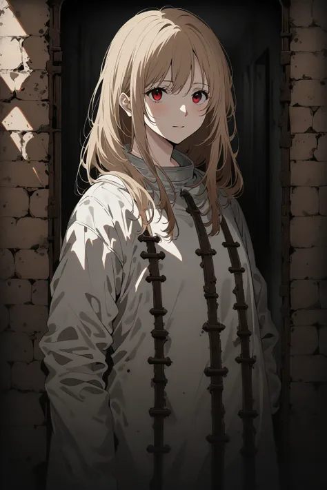 8k 36 years  old woman with long chestnut blonde hair, red eyes, in an asylum corridor, old stone walls, rusted iron bars on the...