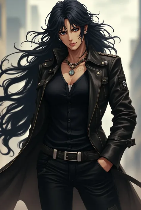  A Hunter x Hunter character wearing biker clothing,  black and wavy hair, physically strong and elegant at the same time  