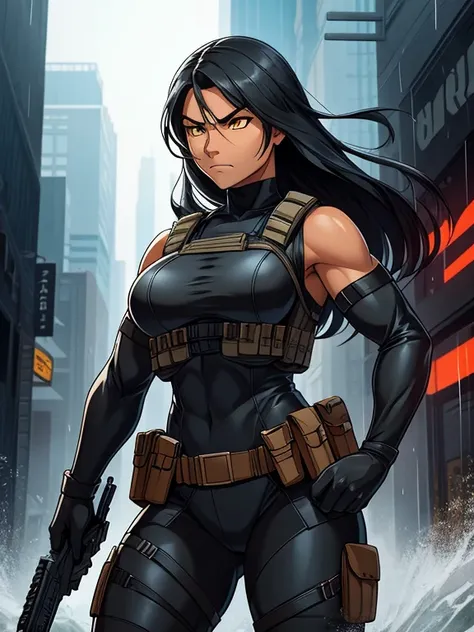 27-year-old Navajo Woman with tan-bronze skin, yellow eyes, black hair, neck-length hair, athletic physique, and strong muscles. A strong and determined vigilante with tired eyes expressing resilience in facing challenges. (Wearing: Black metallic combat m...