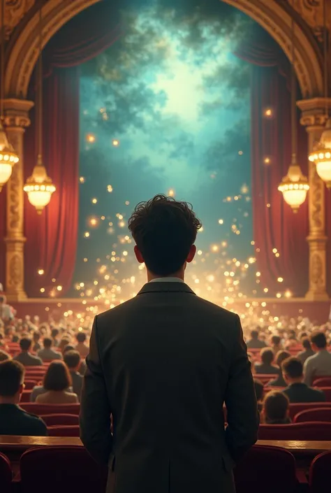  Make an image where a boy between the age of 20-24 is dreaming ,a dream that is in a theater  