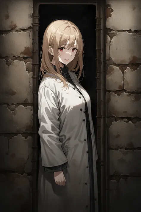 8k 36 years  old woman doctor with long chestnut blonde hair, red eyes, she is 5'10" standing in an asylum corridor, old stone w...