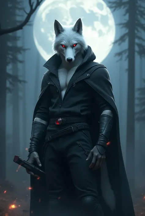 male, solo, anthro, wolf, death (puss in boots), red eyes, black sclera, long mouth, white body, facial markings, cape, hood, belt, topwear, bottomwear, fluffy fur, moonlight, hyper detailed, ultra realistic, holding a synth, unreal engine 5, studio lighti...